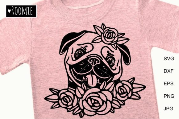 Pug Dog Girl with Flowers